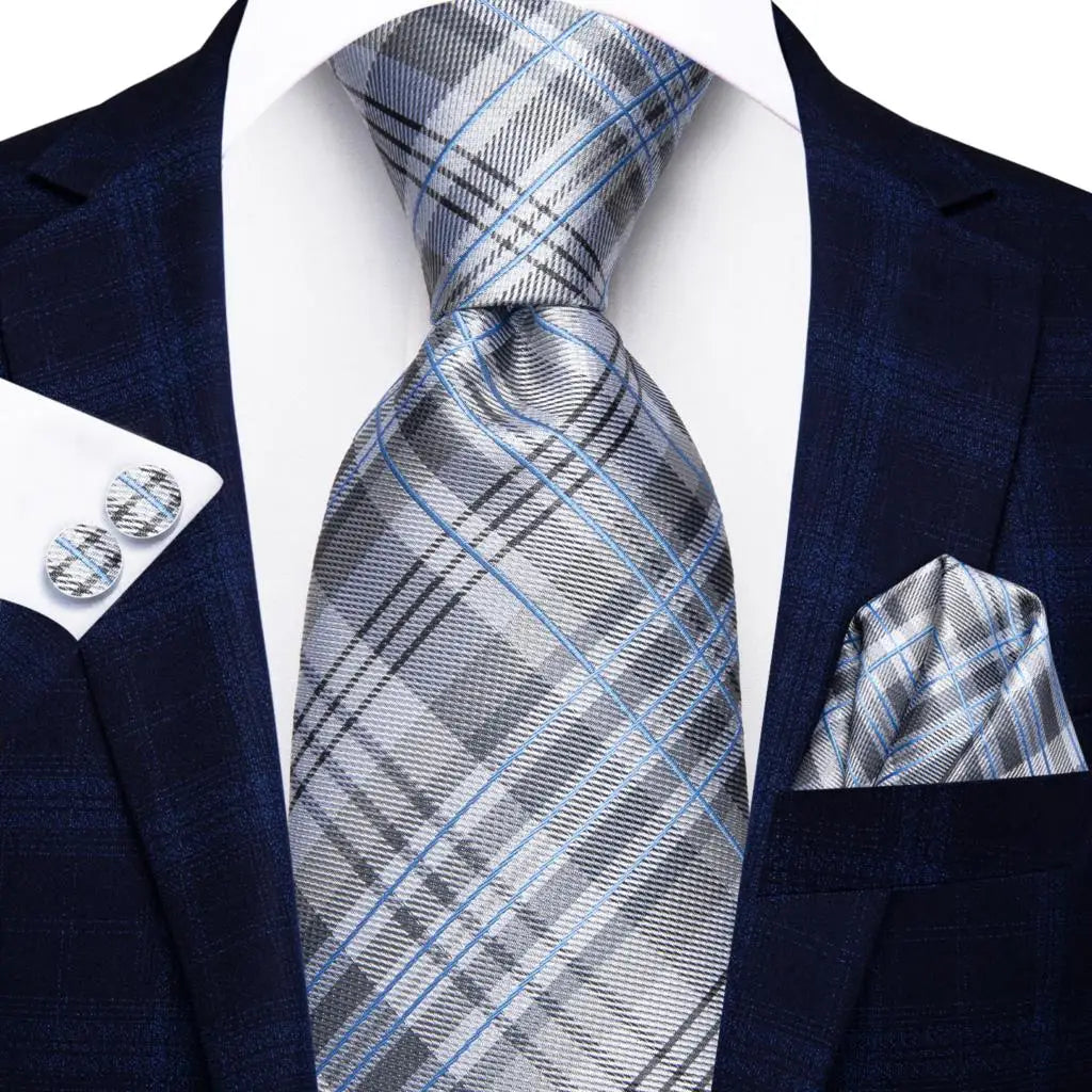 Hi-Tie White Grey Paisley 2026 New Mens Tie Hanky Cufflink Set Necktie For Men Wedding Party Business Men Tie Fashion Brand