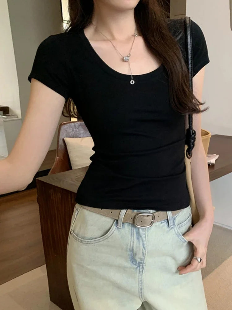 Spring Summer New Short Sleeve T-Shirt Women Solid Simple Casual Soft All-Match Hot Basic Slim Tops Tees Summer Fashion 2026