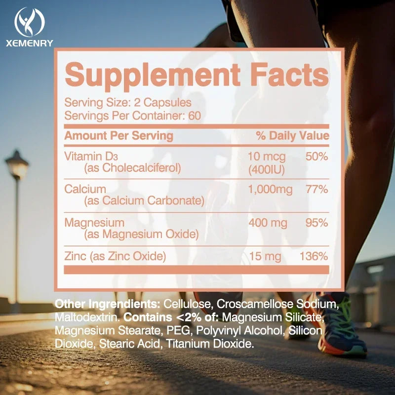 Calcium + Magnesium + Zinc + Vitamin D3 Capsules - Supports Bone and Nervous System Health and Improves Mood