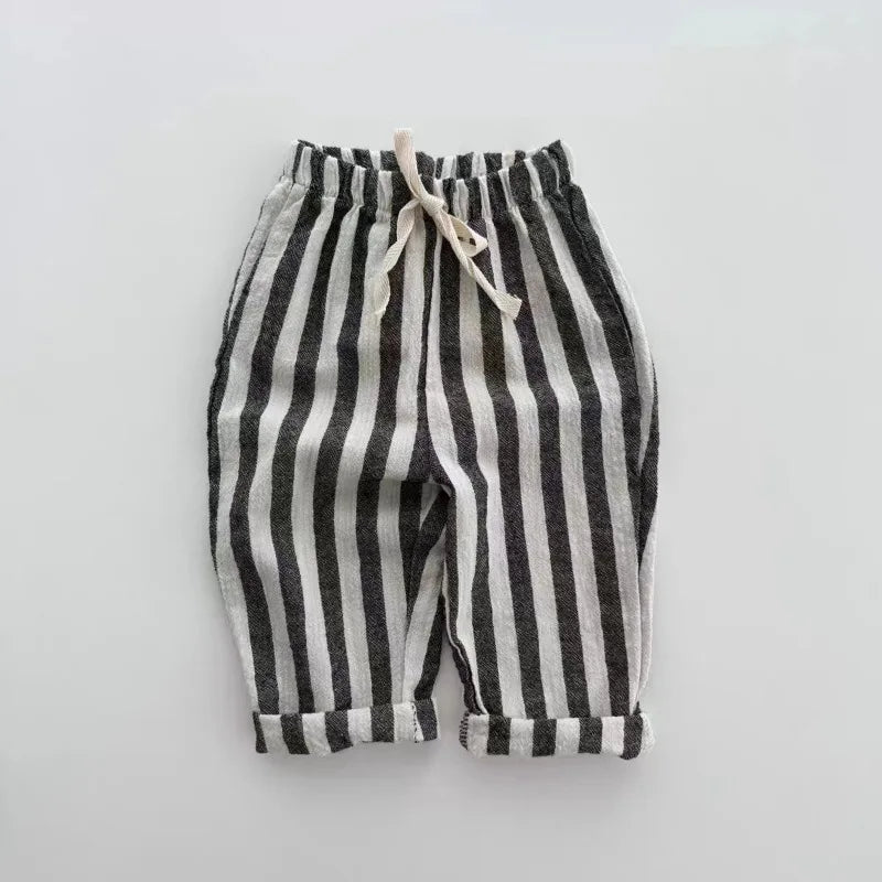 Vintage Linen Cotton Stripe Pants for Boys Casual Pocket Design Elastics Waist Pants for Toddler Girl Clothing Children Trousers