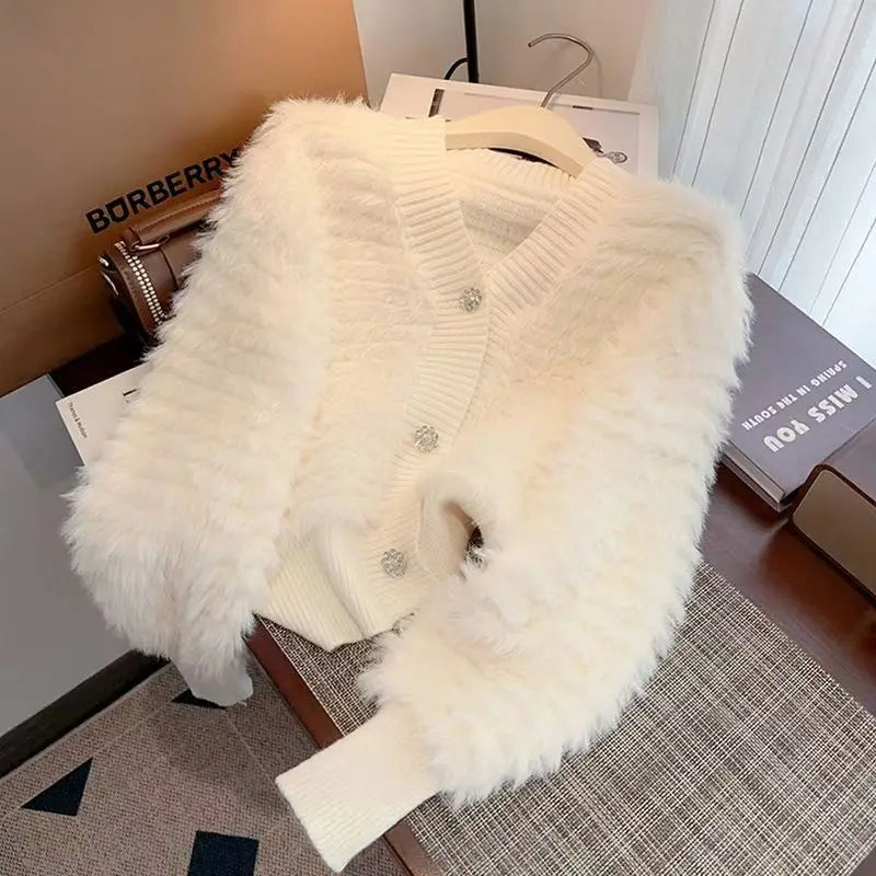 Fake Mink Cashmere Sweater Coat Women Autumn/winter Pink Knitted Cardigan Jacket V-neck Long Sleeve Thickene Loose Knitwear Tops