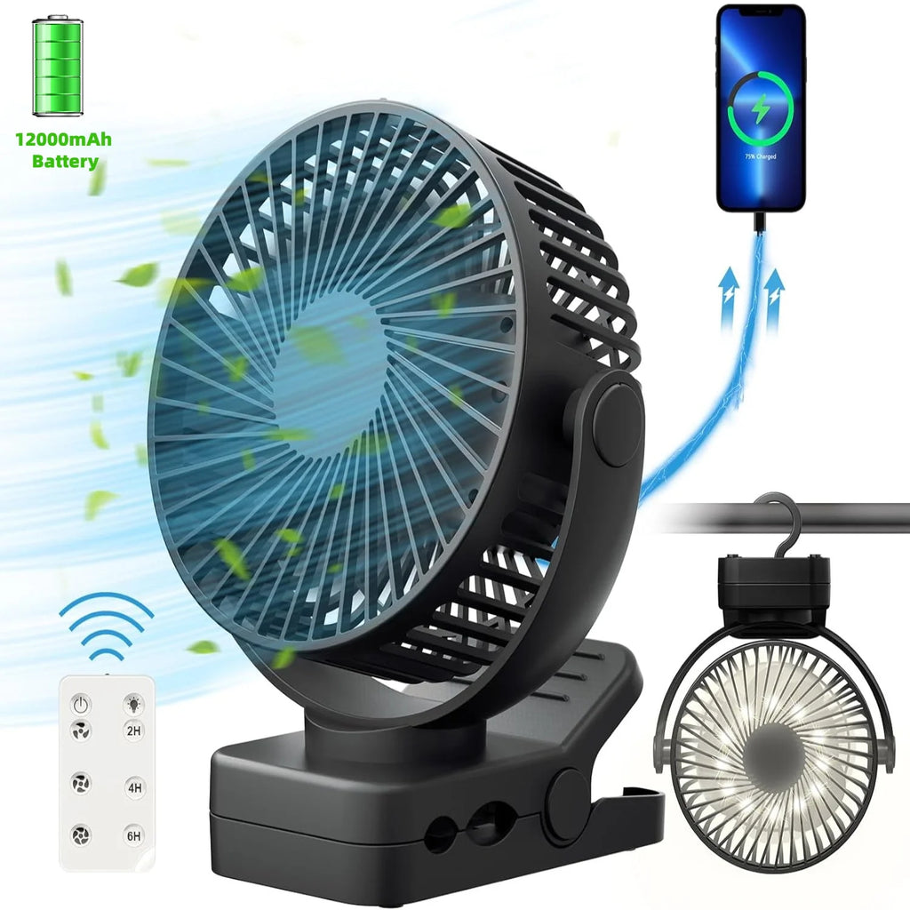 Remote Control Mini Desk Fan USB Rechargeable 12000mAh Large Battery Portable Outdoor Camping Clip Fan with LED Night Light