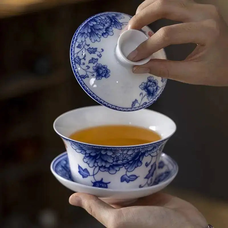 Blue and White Porcelain Gaiwan Tea Cup Large White Porcelain Ningxia Eight Treasures Tea Bowl Set Three Talents Tea Bowl Tea
