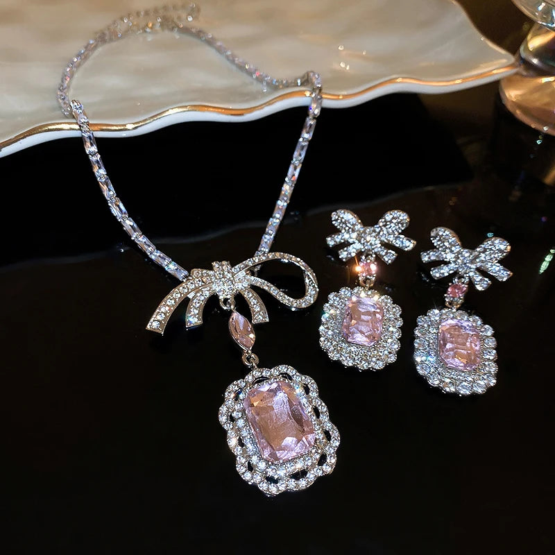 Pink Crystal Zircon Jewelry Set Women Fashion Square Bow Pendant Necklace Drop Earrings Light Luxury Party Wedding Jewelry