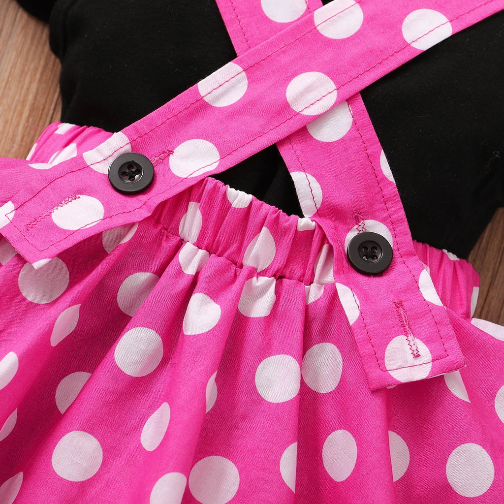 Toddler 1-5 Year Old Girl Round Neck Flying Sleeve Top+Dot Bow Strap Skirt Piece Suitable for Travel and Travel Girl Summer Set