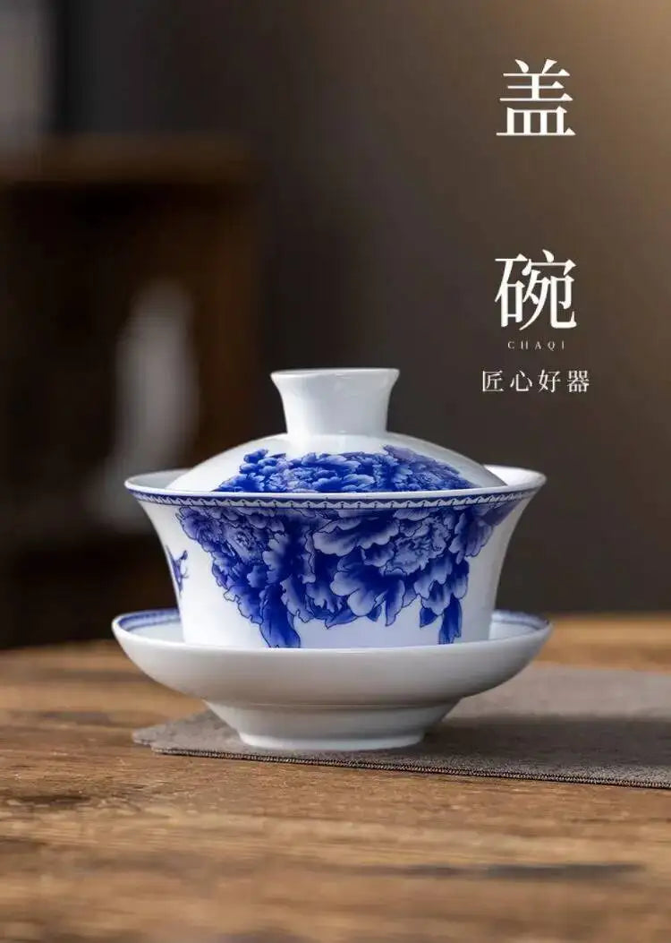 Blue and White Porcelain Gaiwan Tea Cup Large White Porcelain Ningxia Eight Treasures Tea Bowl Set Three Talents Tea Bowl Tea