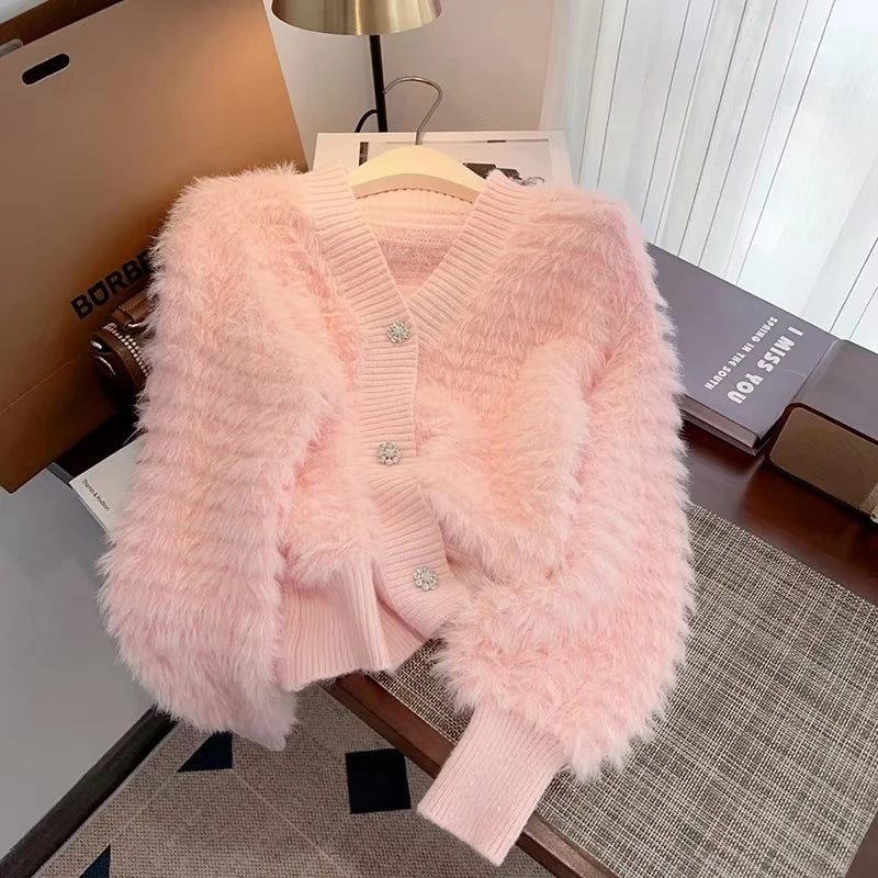 Fake Mink Cashmere Sweater Coat Women Autumn/winter Pink Knitted Cardigan Jacket V-neck Long Sleeve Thickene Loose Knitwear Tops