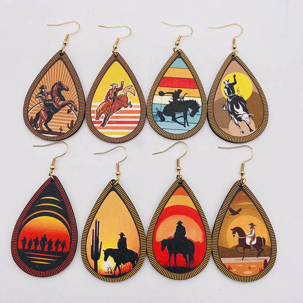 Western Cowboy Color Print Scenery Wood Teardrop Drop Earrings for Women Fashion Bronc Horse Cowgirl Cactus Sunset Art Earrings