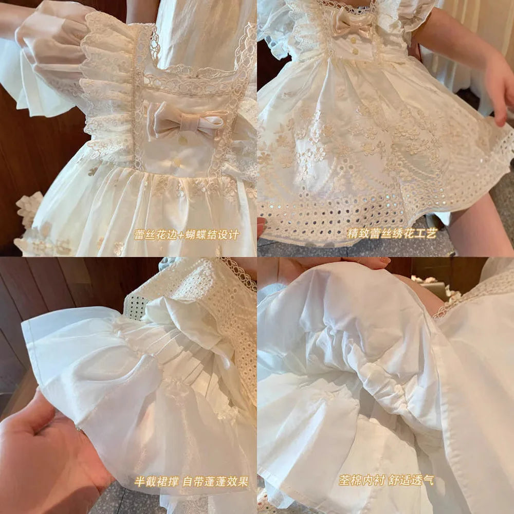 Girls' French Lolita Princess Dress, New Summer Style One-Year-Old Dress, White Cute Little Girl's Beautiful Short-Sleeved Dress
