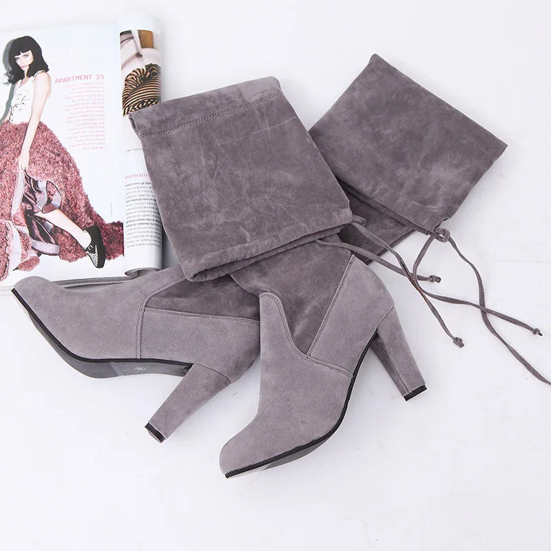 Suede Female Heels Autumn/ winter Zipper Elastic Knee-high Boots for Women Tube Lace-up Thigh Boots Black Botas