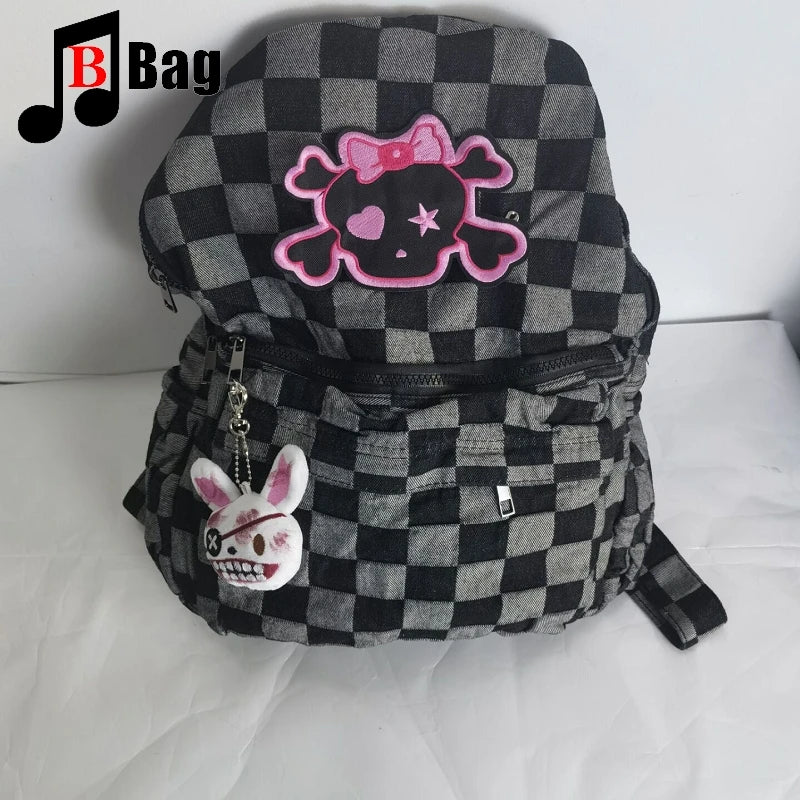 Harajuku Women Girl Cute Little skull Lattice Shoulder Bags Backpack Students Large Capacity Backpacks book bag Computer Handbag