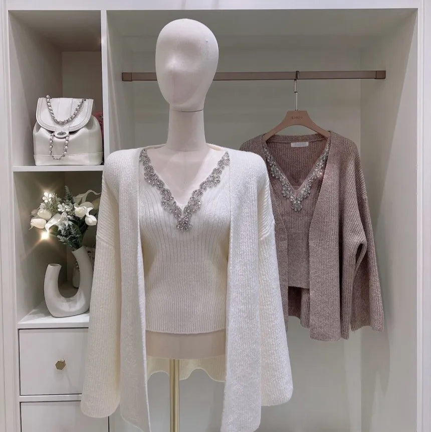 Korean Sle Sexy Sequin Strap Vest Women's Inner Knitted Cardigan Coat Autumn Two-Piece Set Faionable Top And Bot Ensemble