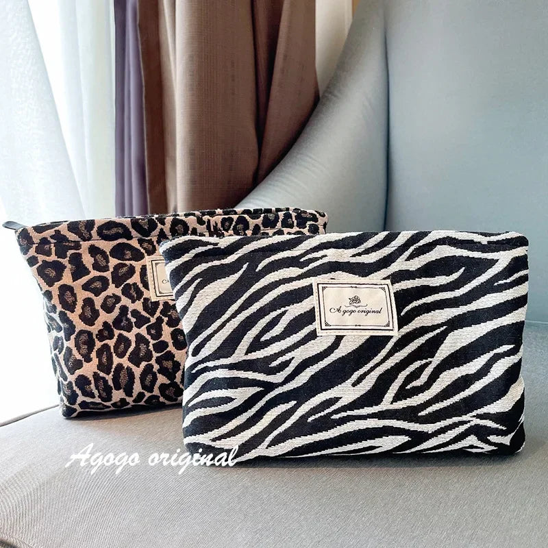 Large Women Leopard Cosmetic Bag Canvas Zipper Thickening Phone Make Up Bag Travel Washing Makeup Organizer Beauty Case