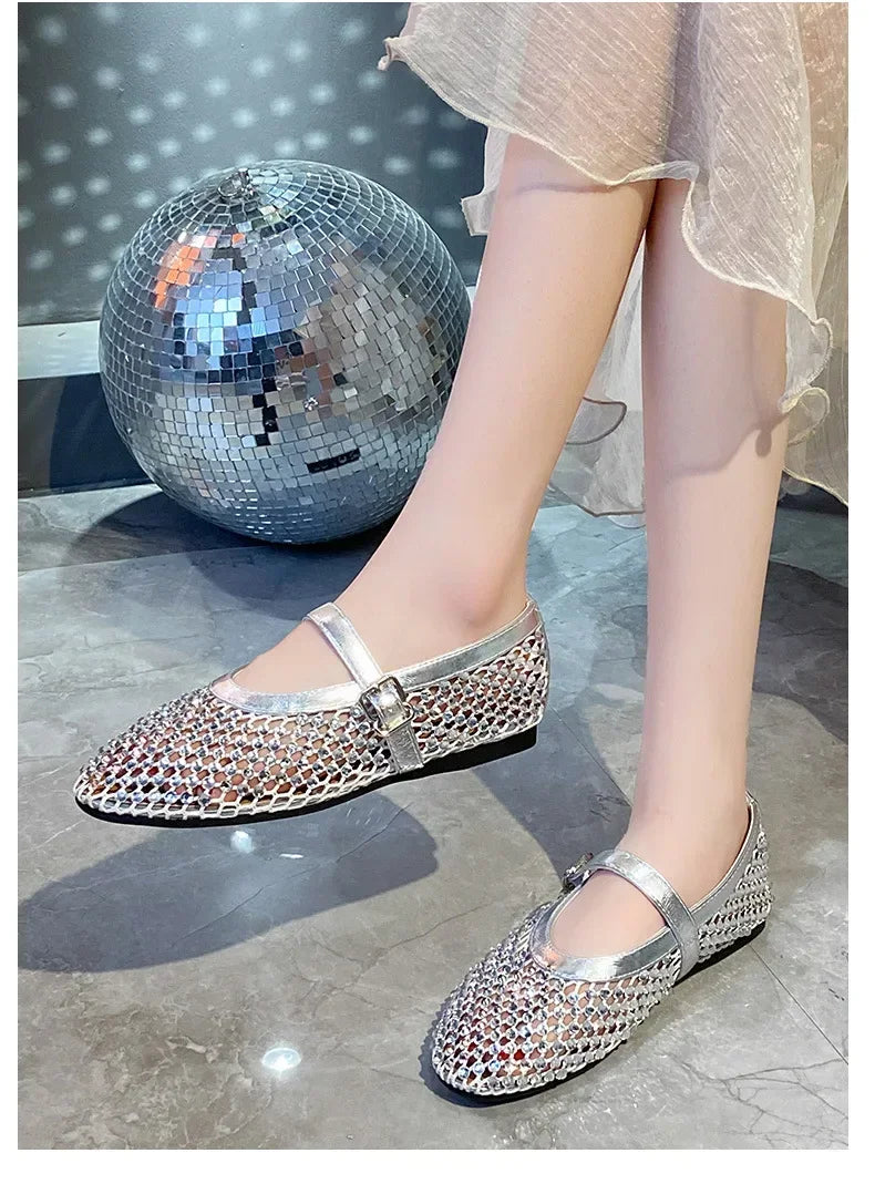 Luxury Crystal Rhinestone Fishnet Ballet Flats Woman Brand Design Rivet Mesh Mary Jane Shoes Ladies Summer Loafers Plus Size 42