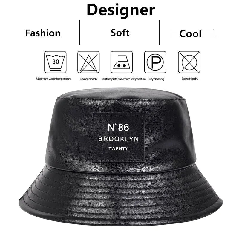 Unisex N86 Label Persönlichkeit PU Leder Fischerhüte Mützen Outdoor Freizeitkappe Sonnenhut