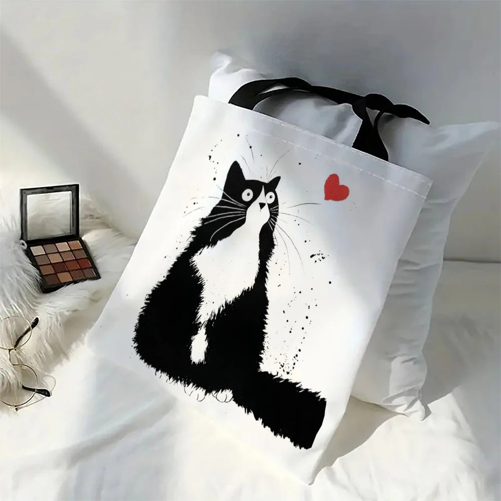 Linen Shopper Reusable Tote Cute Cats Print Grocery Storage Bag Portable Large Capacity Shoulder Bag Machine Washable Tote Bag