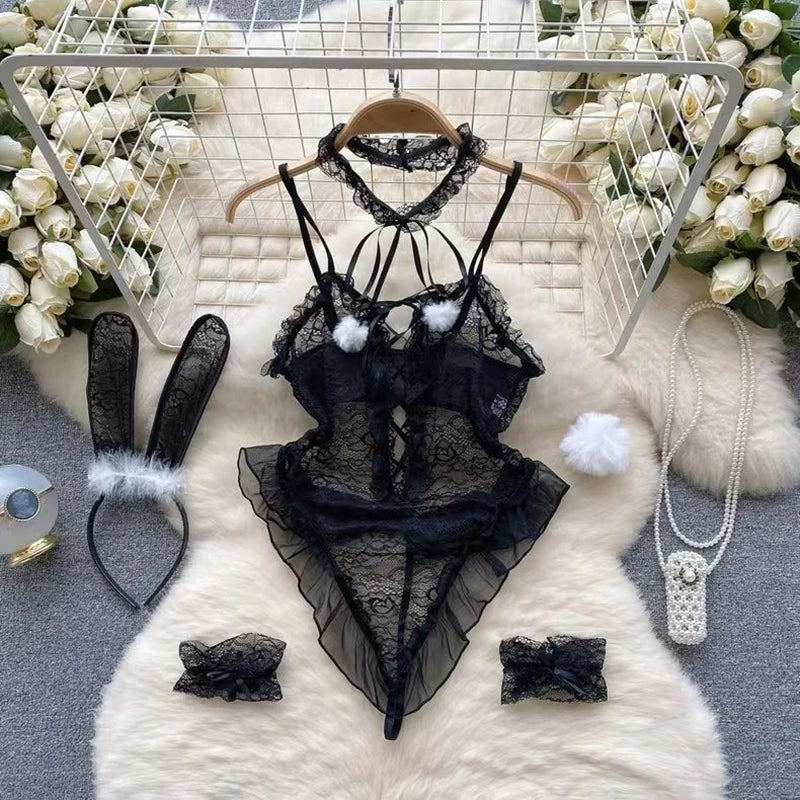 Sexy Cute Sweet Lace Backless Jumpsuit Women Slim Fit Bodysuit Girl Strap Bow knot Cosplay Hot Sweet Bow Ribbon Lingerie Dress