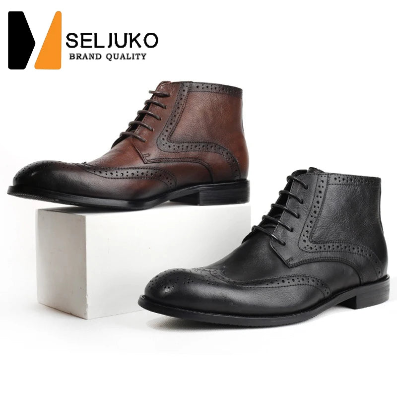 British Brock Carved Leather Boots Retro Business Formal Leather Shoes Fashion Men's Boots Cowhide Men's Short Boots