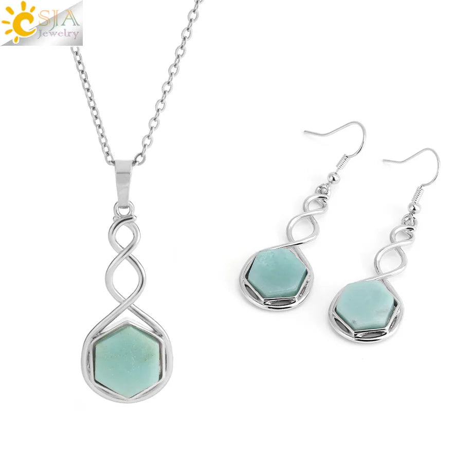 CSJA Natural Stone Earring Necklace Jewelry Set for Women Hexagon Crystal Pendant Stainless Steel Chain Jewelry Accessories H577