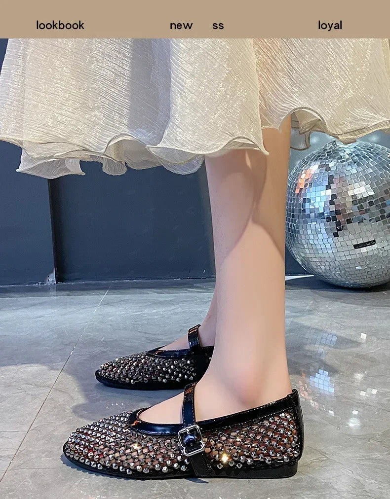 Luxury Crystal Rhinestone Fishnet Ballet Flats Woman Brand Design Rivet Mesh Mary Jane Shoes Ladies Summer Loafers Plus Size 42