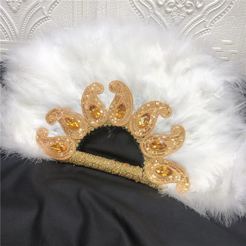 1pcs Newest African Turkey Feather Hand Fan Feathers Handfan for Dance Wedding Decoration Fan with Sequined Beaded White Fan