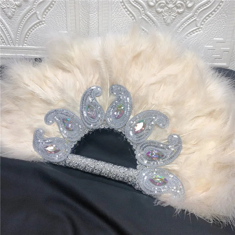 1pcs Newest African Turkey Feather Hand Fan Feathers Handfan for Dance Wedding Decoration Fan with Sequined Beaded White Fan