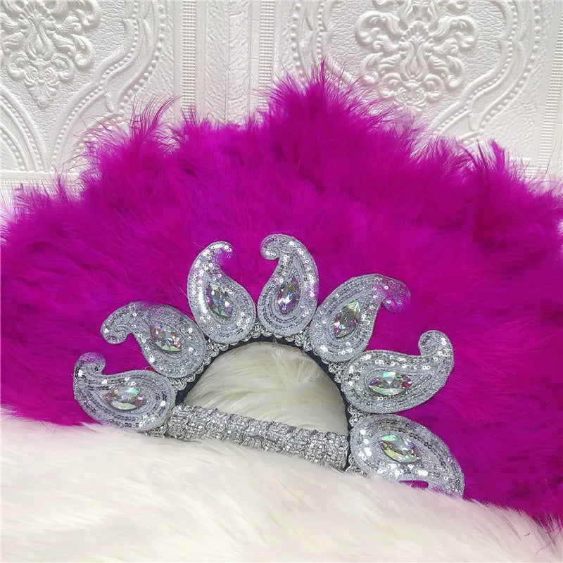 1pcs Newest African Turkey Feather Hand Fan Feathers Handfan for Dance Wedding Decoration Fan with Sequined Beaded White Fan