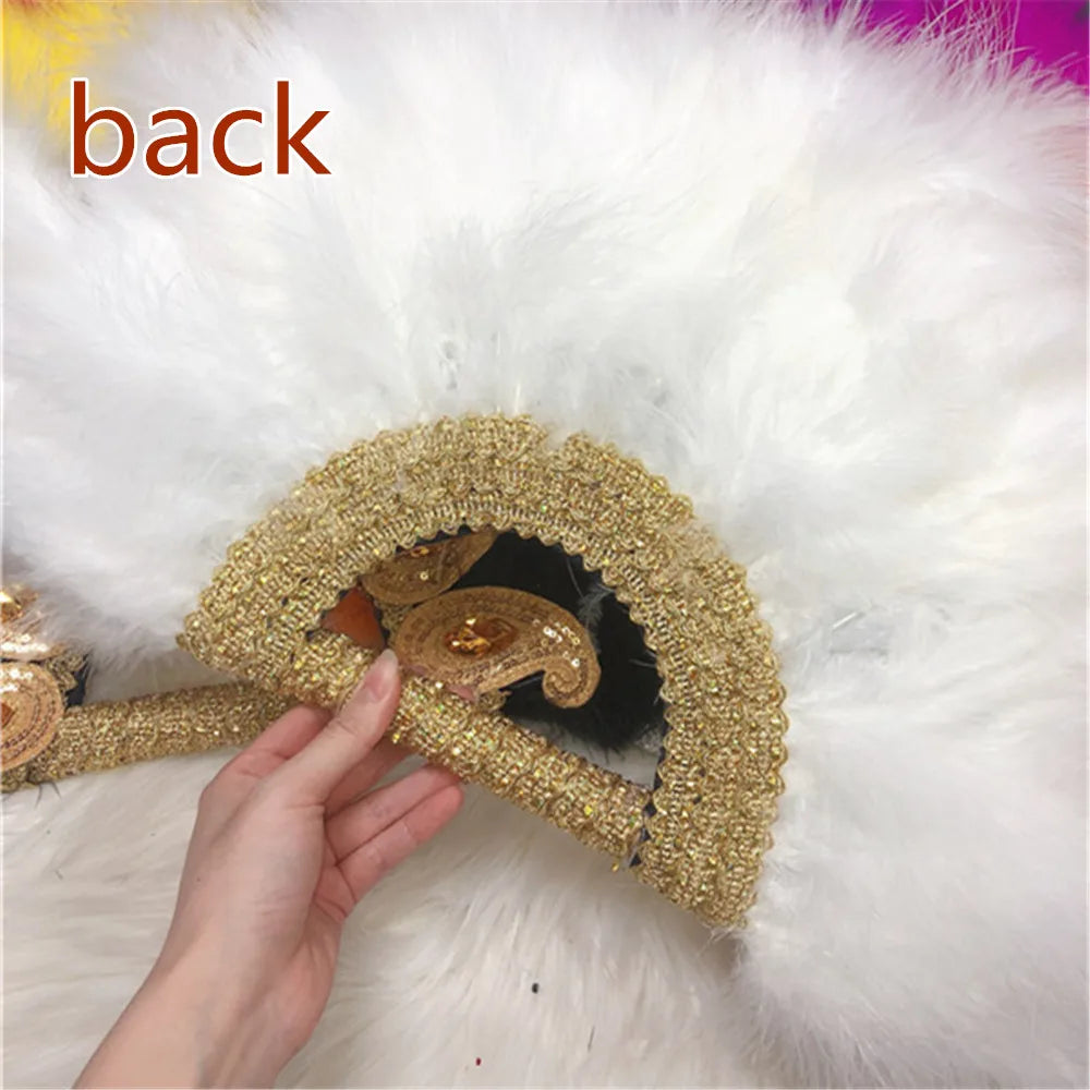 1pcs Newest African Turkey Feather Hand Fan Feathers Handfan for Dance Wedding Decoration Fan with Sequined Beaded White Fan