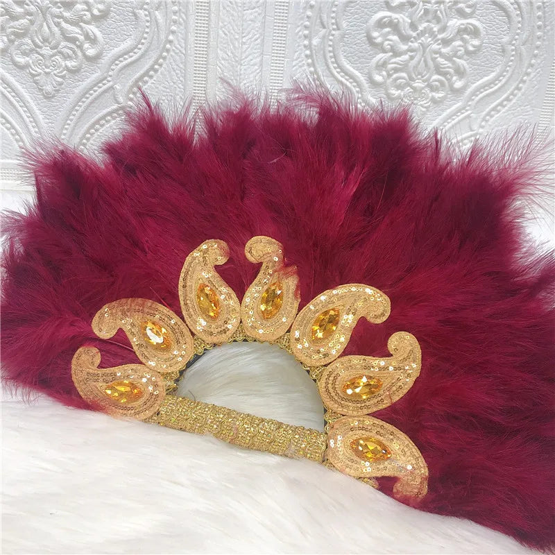 1pcs Newest African Turkey Feather Hand Fan Feathers Handfan for Dance Wedding Decoration Fan with Sequined Beaded White Fan