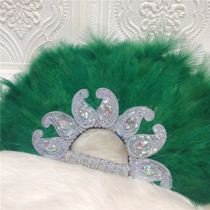 1pcs Newest African Turkey Feather Hand Fan Feathers Handfan for Dance Wedding Decoration Fan with Sequined Beaded White Fan