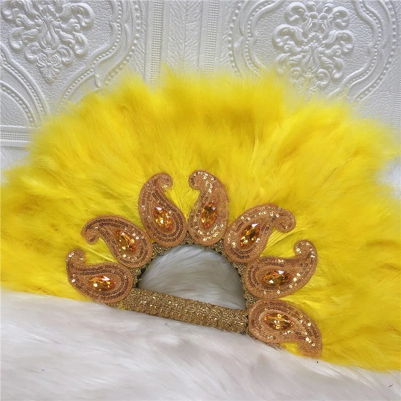 1pcs Newest African Turkey Feather Hand Fan Feathers Handfan for Dance Wedding Decoration Fan with Sequined Beaded White Fan
