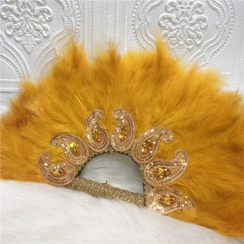 1pcs Newest African Turkey Feather Hand Fan Feathers Handfan for Dance Wedding Decoration Fan with Sequined Beaded White Fan