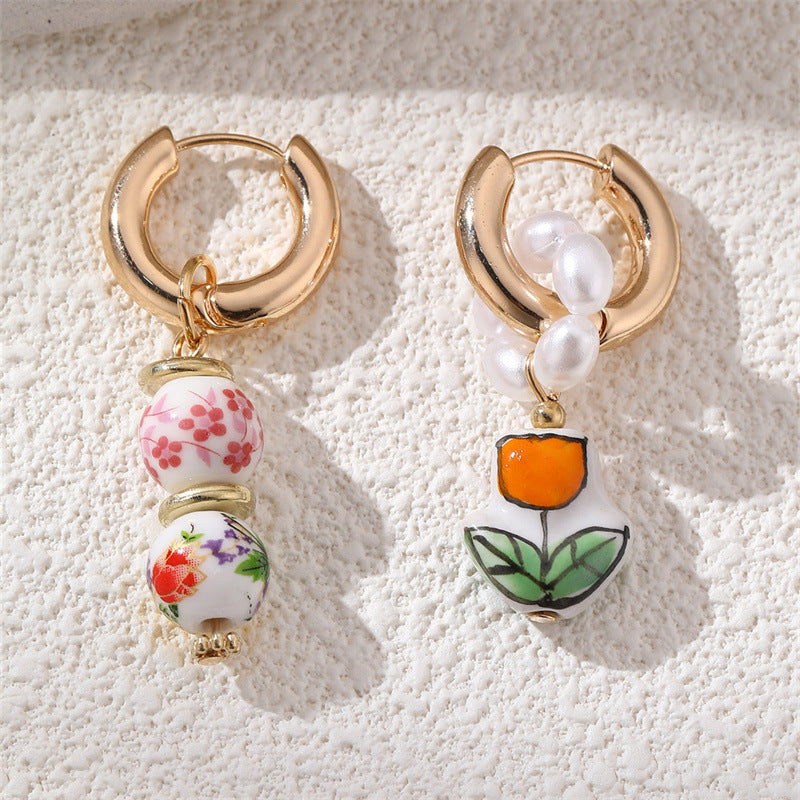 European And American Blue-and-White Porcelain Floral Pearl Earrings Sweet Womens Copper Ear Clips