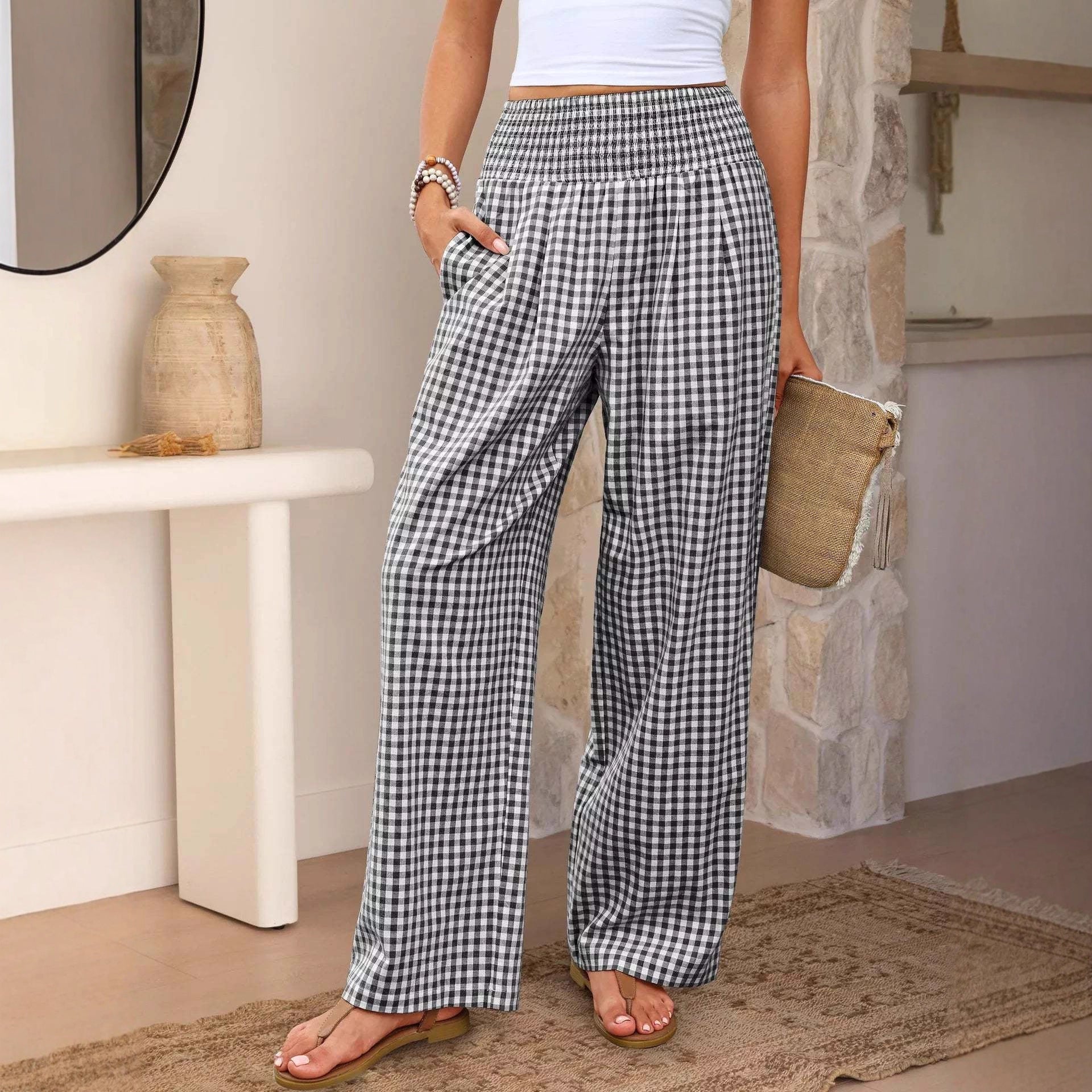 Plaid Casual Trousers Loose-fit Womens Fashion Wide-leg Pants With Pockets
