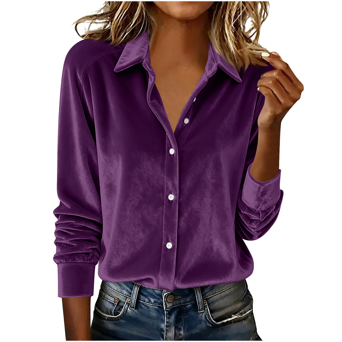 Versatile Solid-color Gold-velvet Shirt With A Lapel Collar