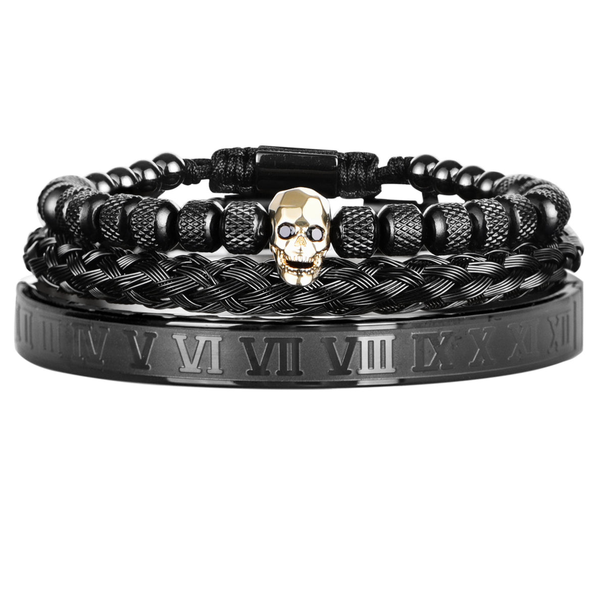 Cross-Section Ghost Head Braided Bracelet Set In Stainless Steel