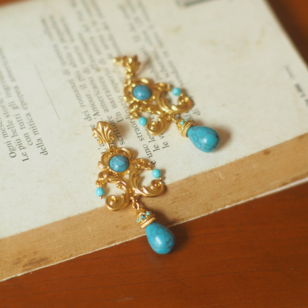 Vintage Palace Style Turquoise Earrings - Handcrafted Floral Carved Drop Earrings
