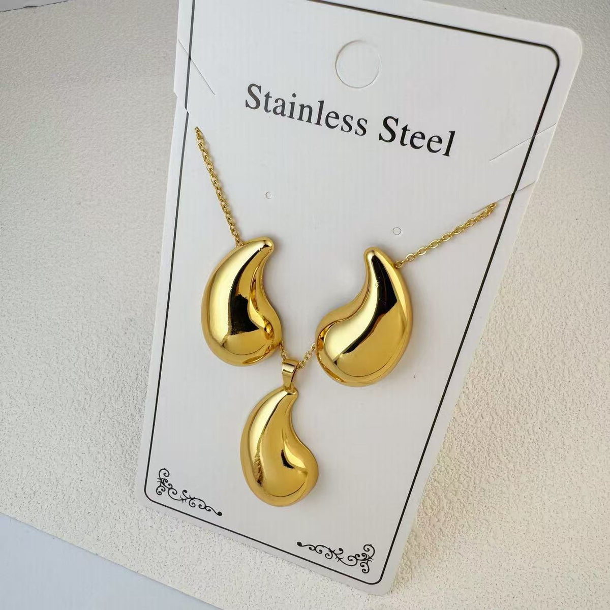 New Stainless Steel Plated 18k Gold Necklace Earring Set