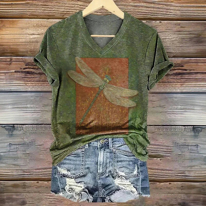 3D Digital Print T-Shirt Womens V-Neck Short-Sleeve Top