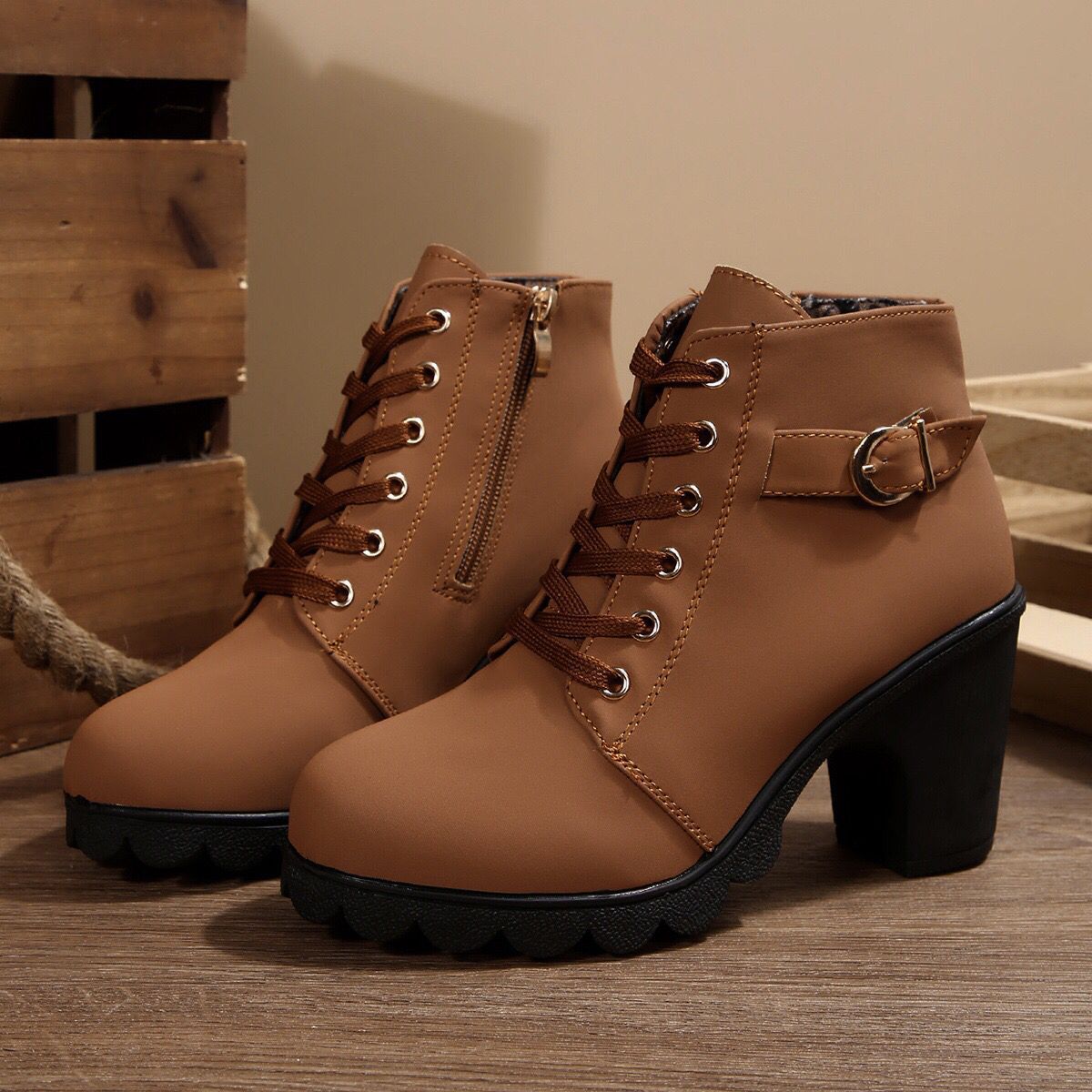 Womens Cross-Tie Chunky-Heel Ankle Boots