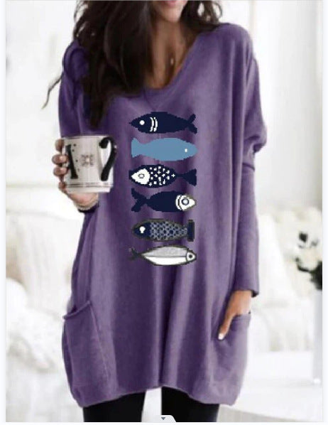 Womens Loose Plus-Size Casual Pullover Top With Long Sleeves And Print