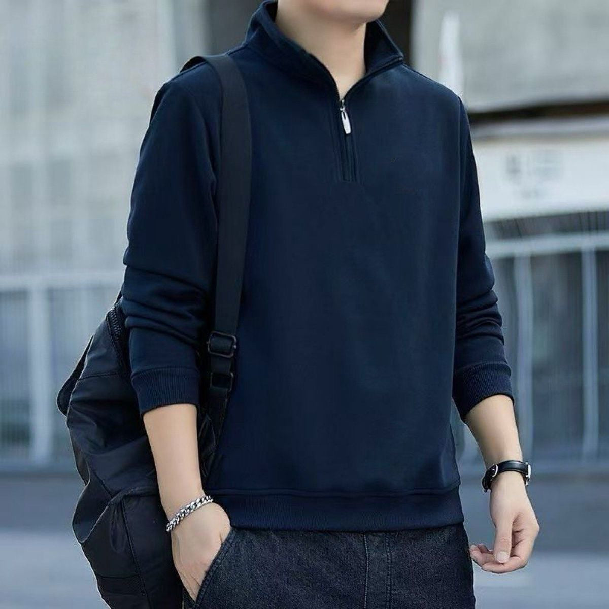 Mens Retro Patchwork Half-Zip Long-Sleeve Hoodie