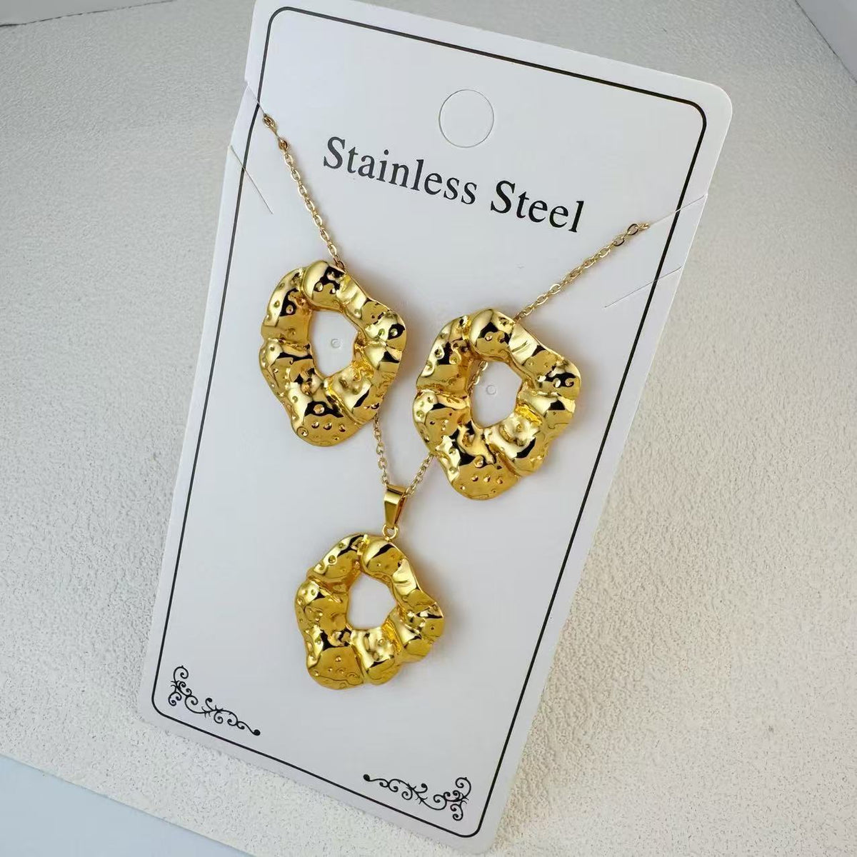 New Stainless Steel Plated 18k Gold Necklace Earring Set