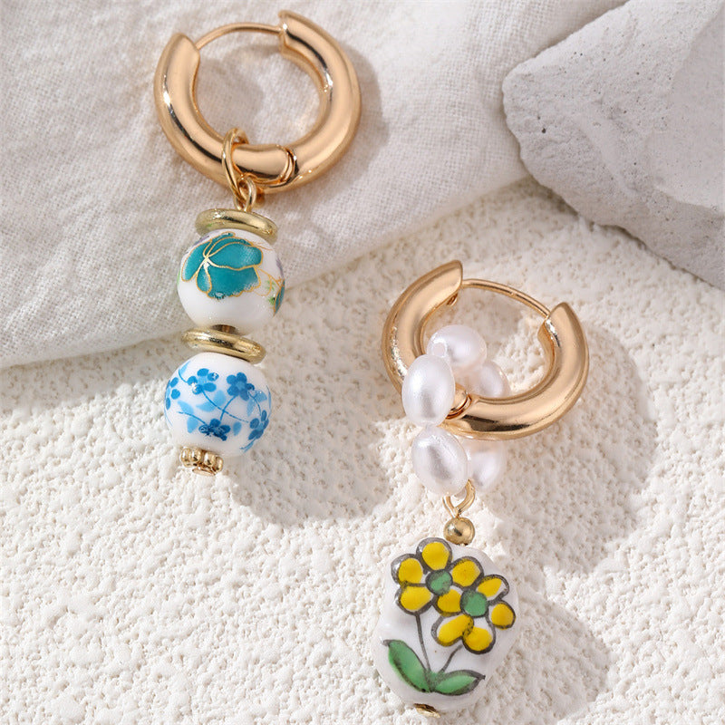 European And American Blue-and-White Porcelain Floral Pearl Earrings Sweet Womens Copper Ear Clips