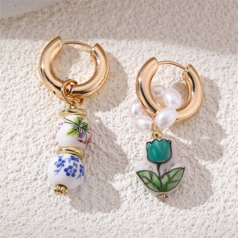European And American Blue-and-White Porcelain Floral Pearl Earrings Sweet Womens Copper Ear Clips