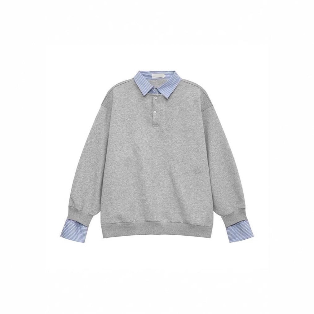 American-style Streetwear Faux Two-piece Fleece-lined Shirt-collar Hoodie