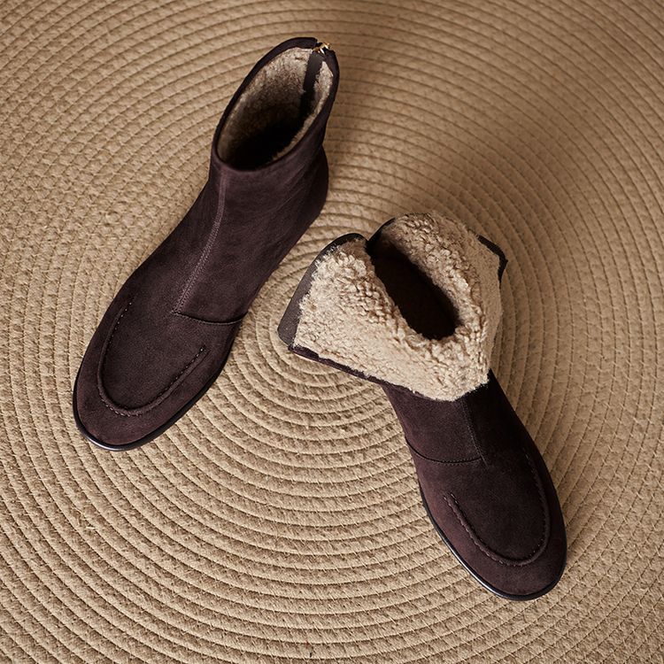 Womens Fleece-Lined Thick Simple Stylish Round-Toe Low-Heel Ankle Boots For FallWinter