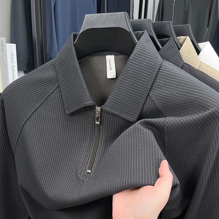 Mens Long-Sleeve Waffle-Textured American-Style Half-Zip Polo Shirt