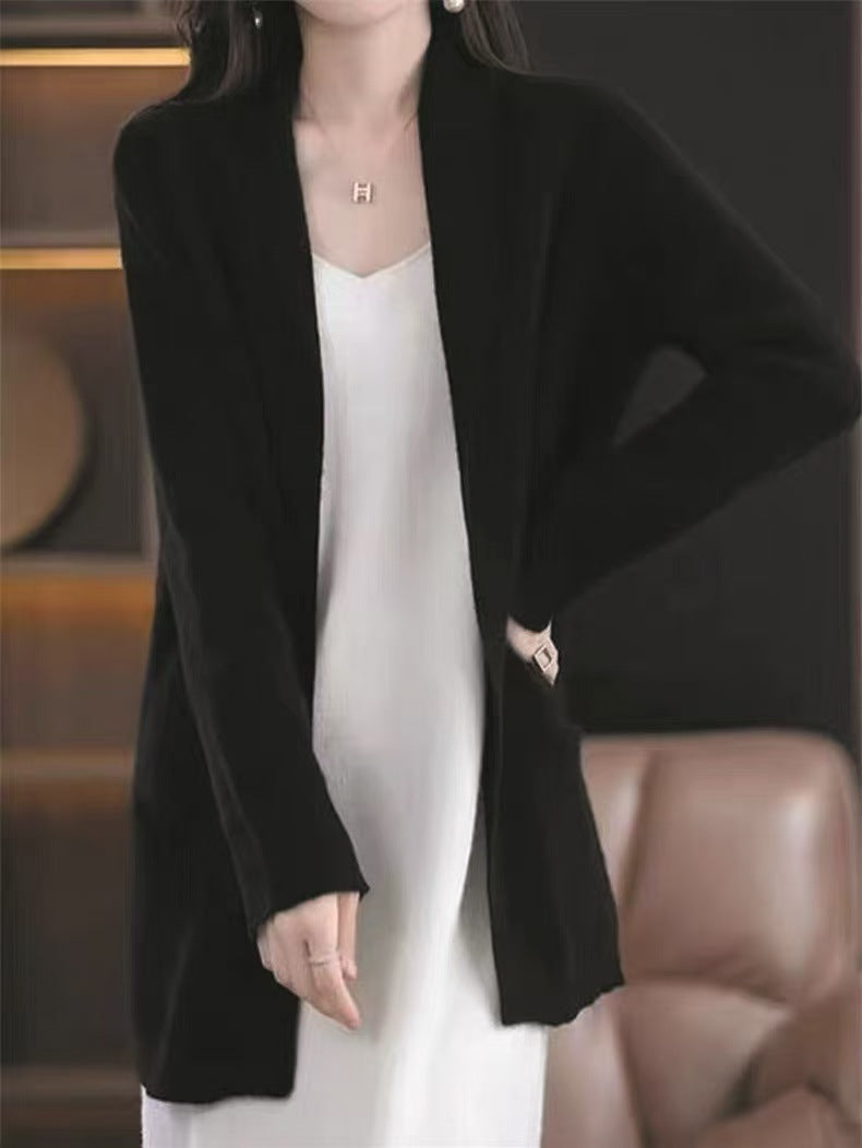 Womens Stylish Loose-fitting Mid-length Knit Cardigan