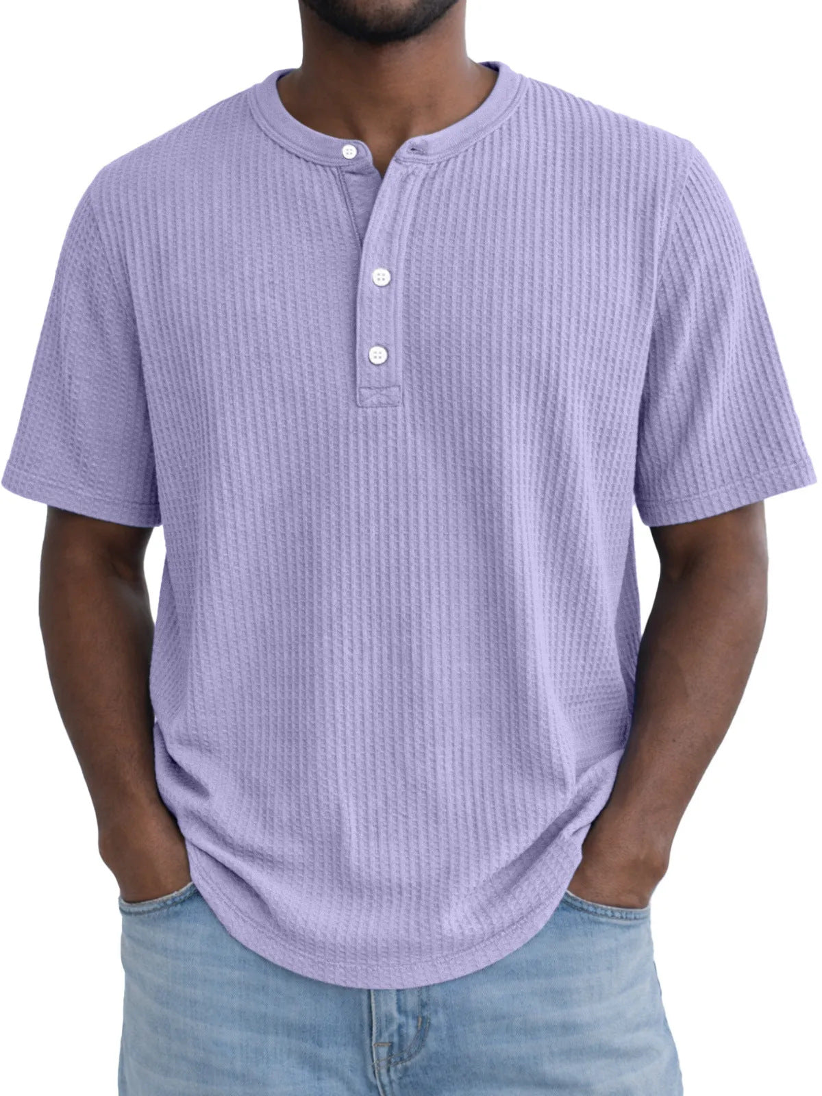 Short-Sleeve Waffle-Weave Henry Collar T-Shirt